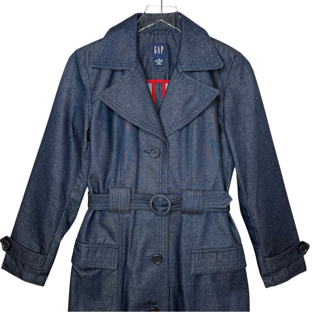 GAP Y2K Vintage Denim Dark Wash Women’s Blue Belted Women’s Trench Coat Sz XS - Picture 5 of 12